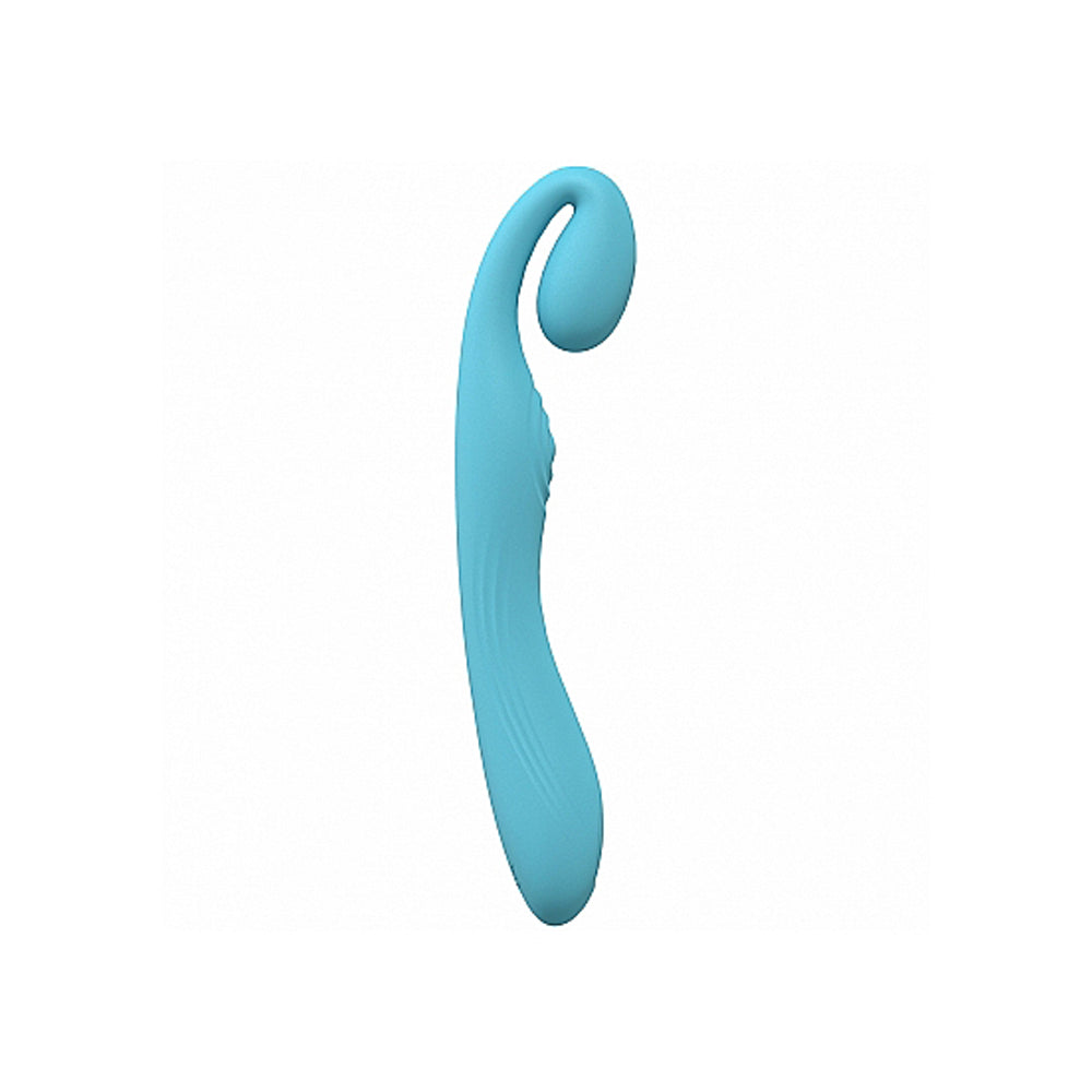 A teal silicone vibrator with a curved shape and textured body.