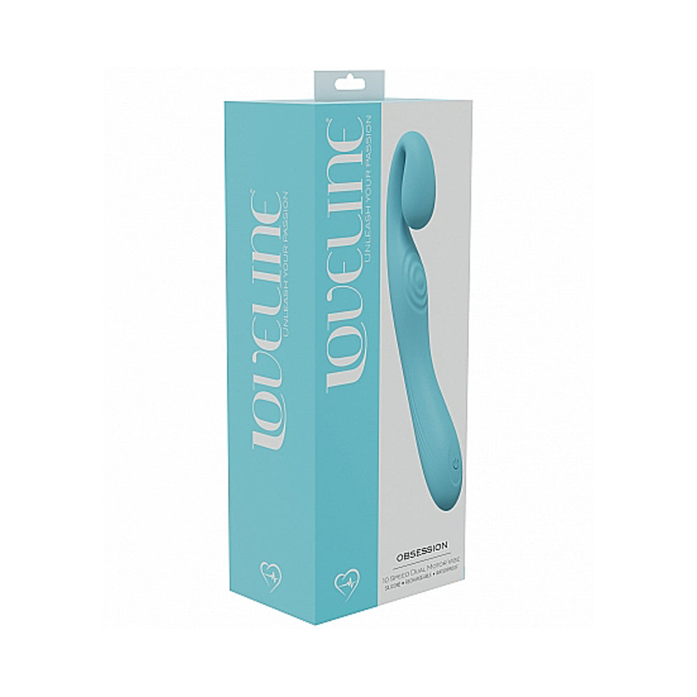 A teal box displays a teal silicone vibrator with the brand name Loveline.
