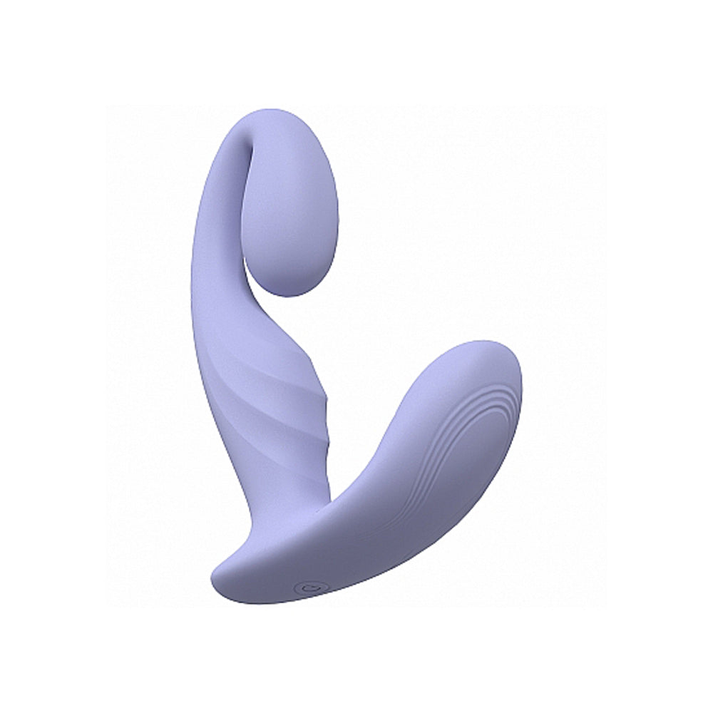 A purple silicone G-spot vibrator with a curved design and textured surface.