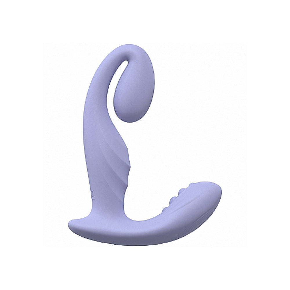 A purple silicone G-spot vibrator with a curved shape and textured tip.