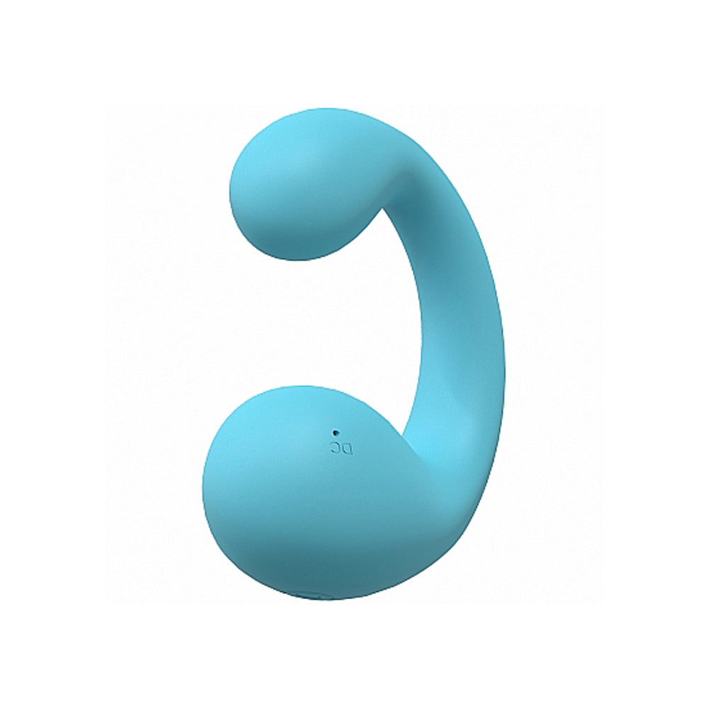 A curved blue silicone vibrator with a DC port.