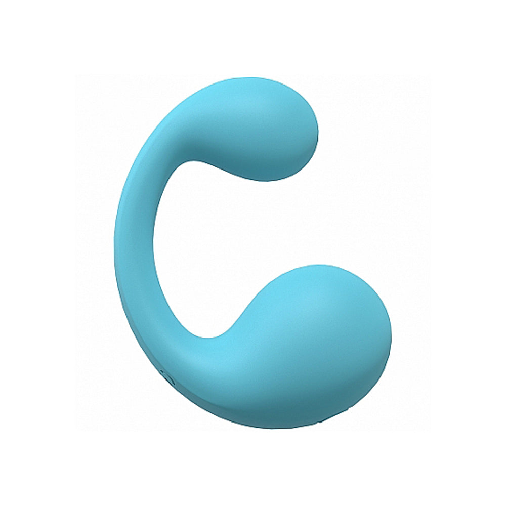 A teal, C-shaped silicone vibrator with two rounded ends.