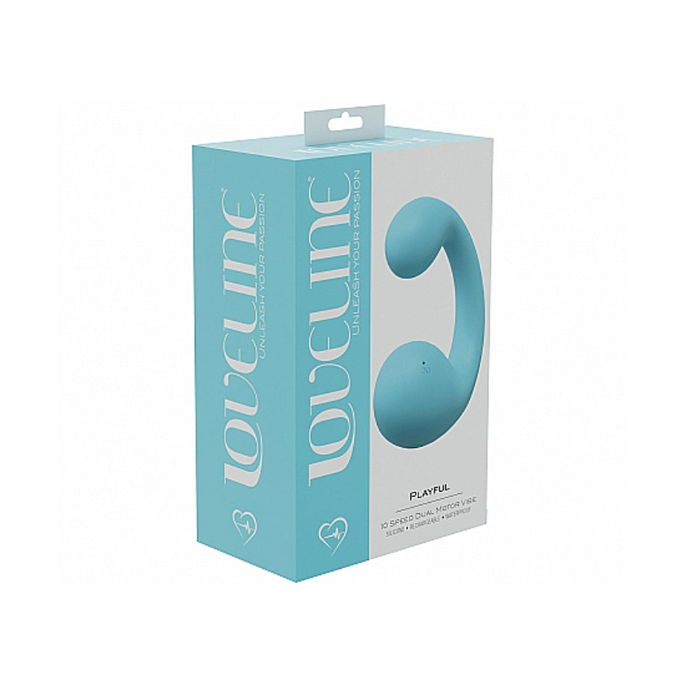 A teal box displays a teal vibrator and the brand name Loveline.