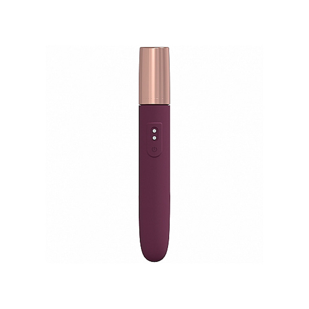 Burgundy rechargeable G-spot vibrator with rose gold cap and two indicator lights.
