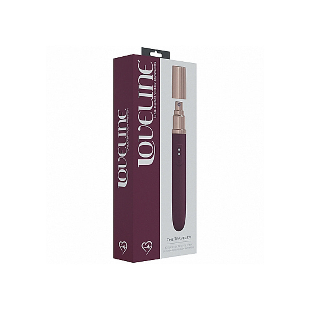 Burgundy Loveline Traveler G-Spot vibrator with cap and two buttons.