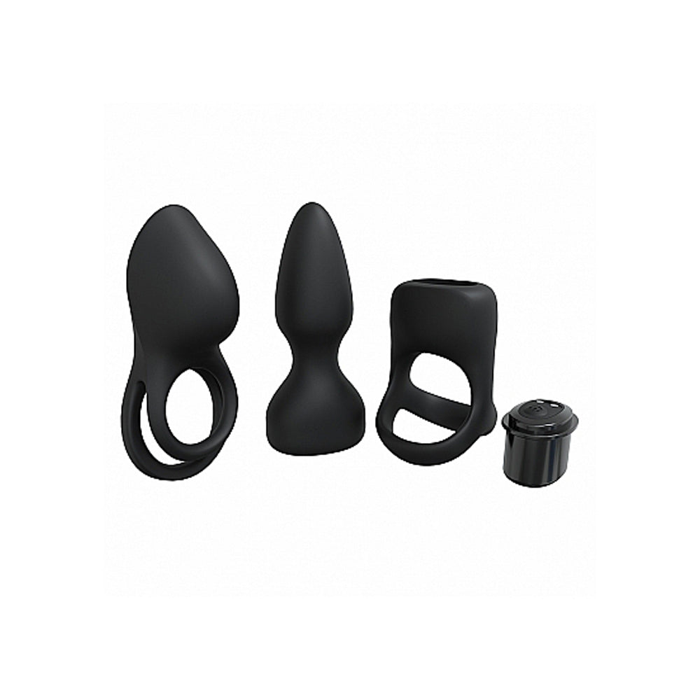 Black silicone vibrator kit with two bullet attachments and a charging base.