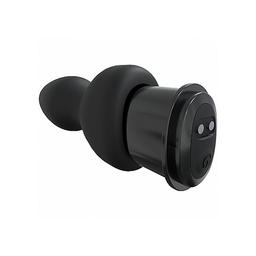 Black rechargeable silicone bullet vibrator with two buttons and a power symbol.