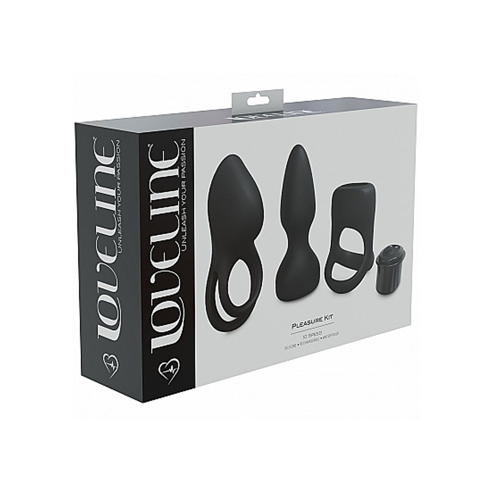 Black silicone pleasure kit with vibrator, plug, and ring.