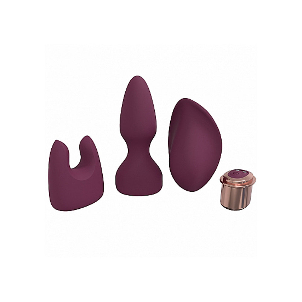 Burgundy silicone vibrator kit with three attachments and a charging base.