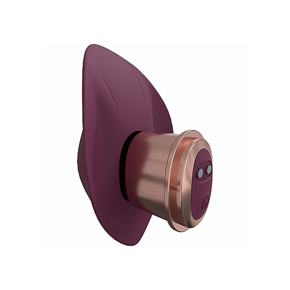 Burgundy silicone bullet vibrator with rose gold accents and two buttons.