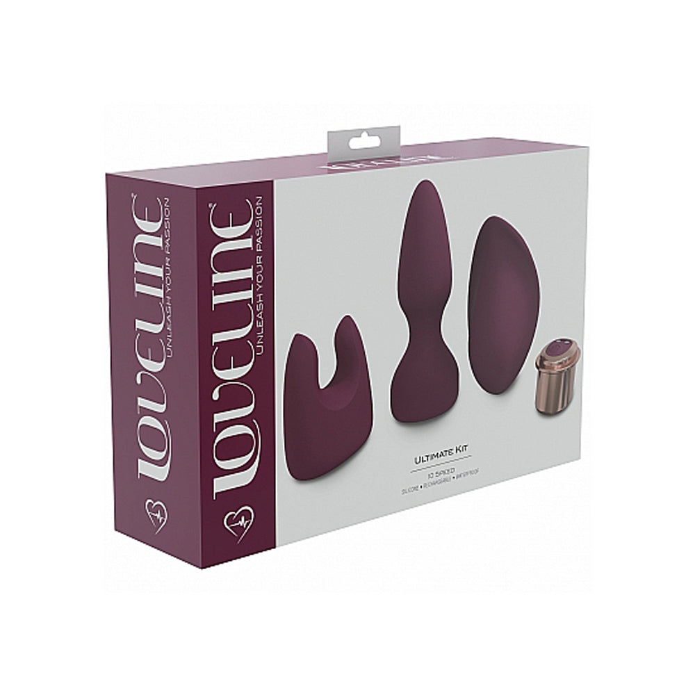 Burgundy Loveline Ultimate Kit with three silicone vibrators and a charging cable.