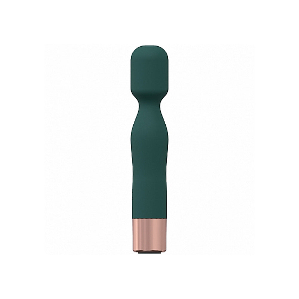 A dark green mini wand massager with a rose gold base.