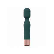 A dark green mini wand massager with a rose gold base.