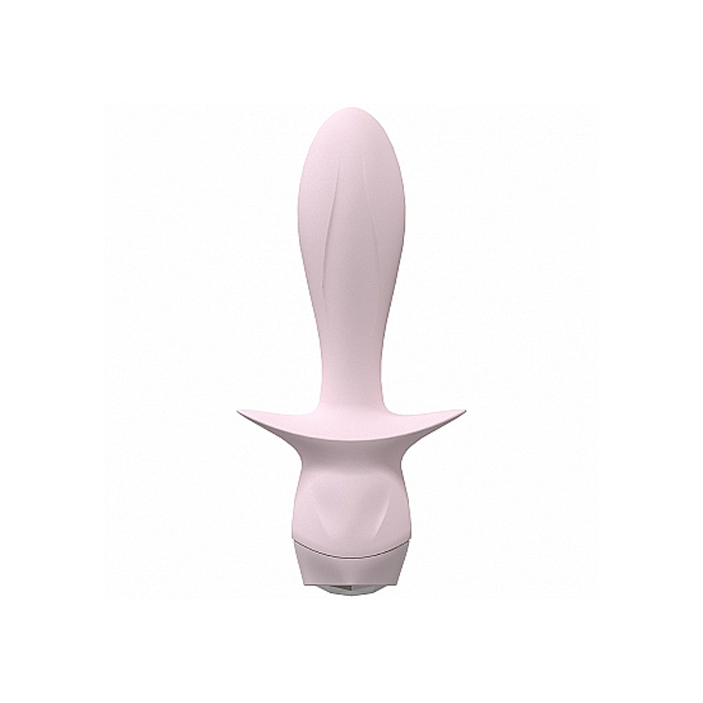 A soft pink silicone plug with a flared base and textured tip.