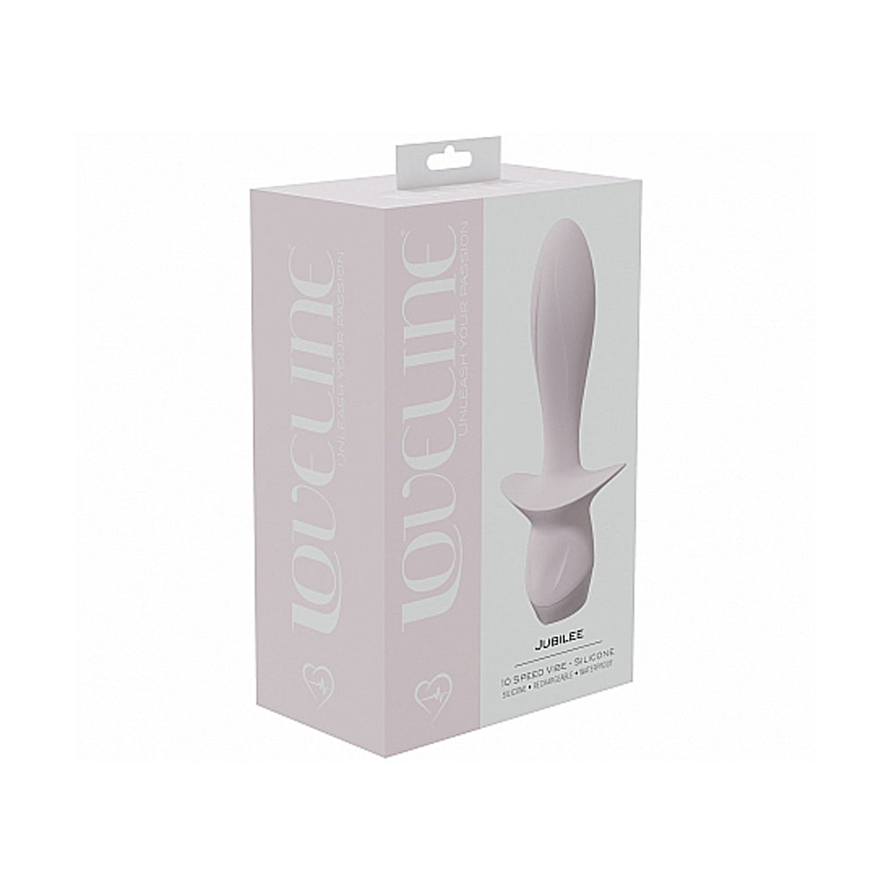 A soft pink Jubilee vibrator in its packaging.
