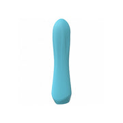 Blue silicone vibrator with a smooth, curved shape.