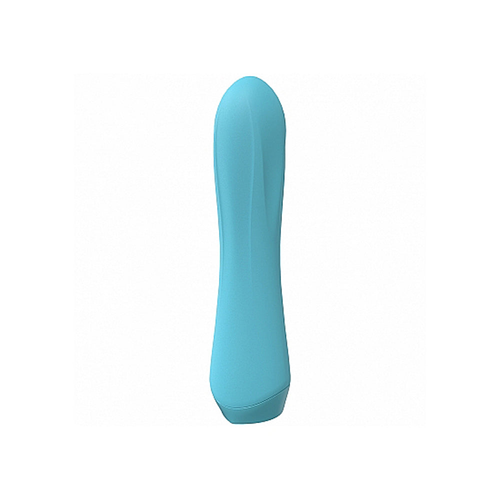 Blue silicone vibrator with a smooth, curved shape.