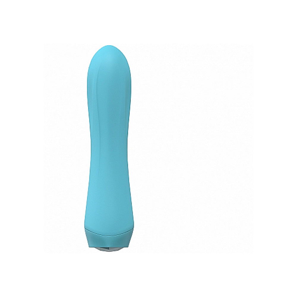 Blue silicone vibrator with a smooth, curved shape.