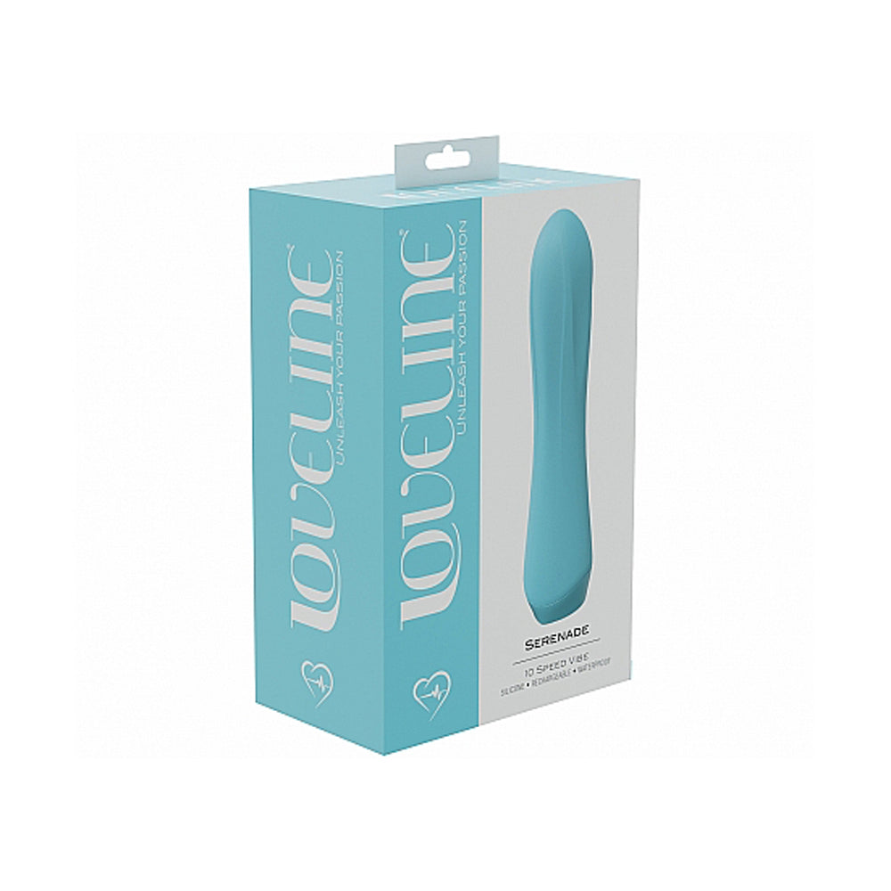 Blue Serenade 10-speed silicone vibrator in its packaging.