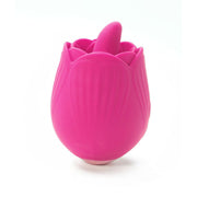 A pink silicone vibrator shaped like a rose bud with a textured surface.