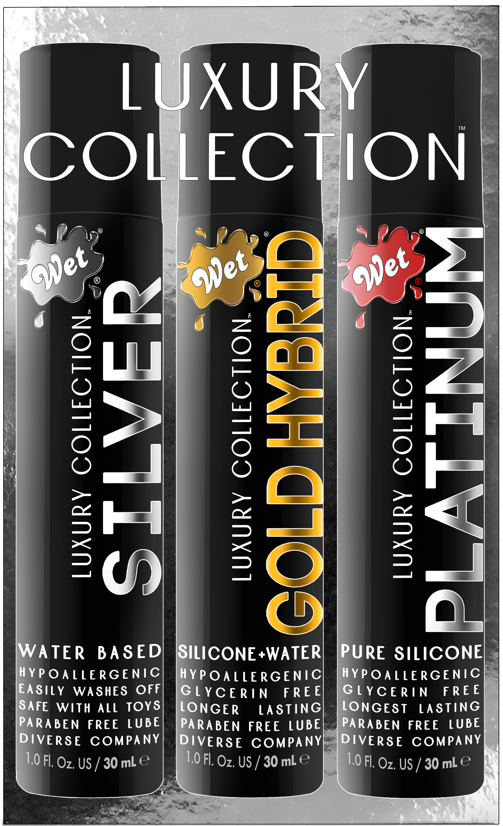Three bottles of Wet Luxury Collection personal lubricant: Silver, Gold Hybrid, and Platinum.