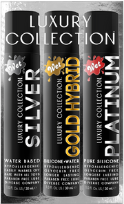 Three bottles of Wet Luxury Collection personal lubricant: Silver, Gold Hybrid, and Platinum.