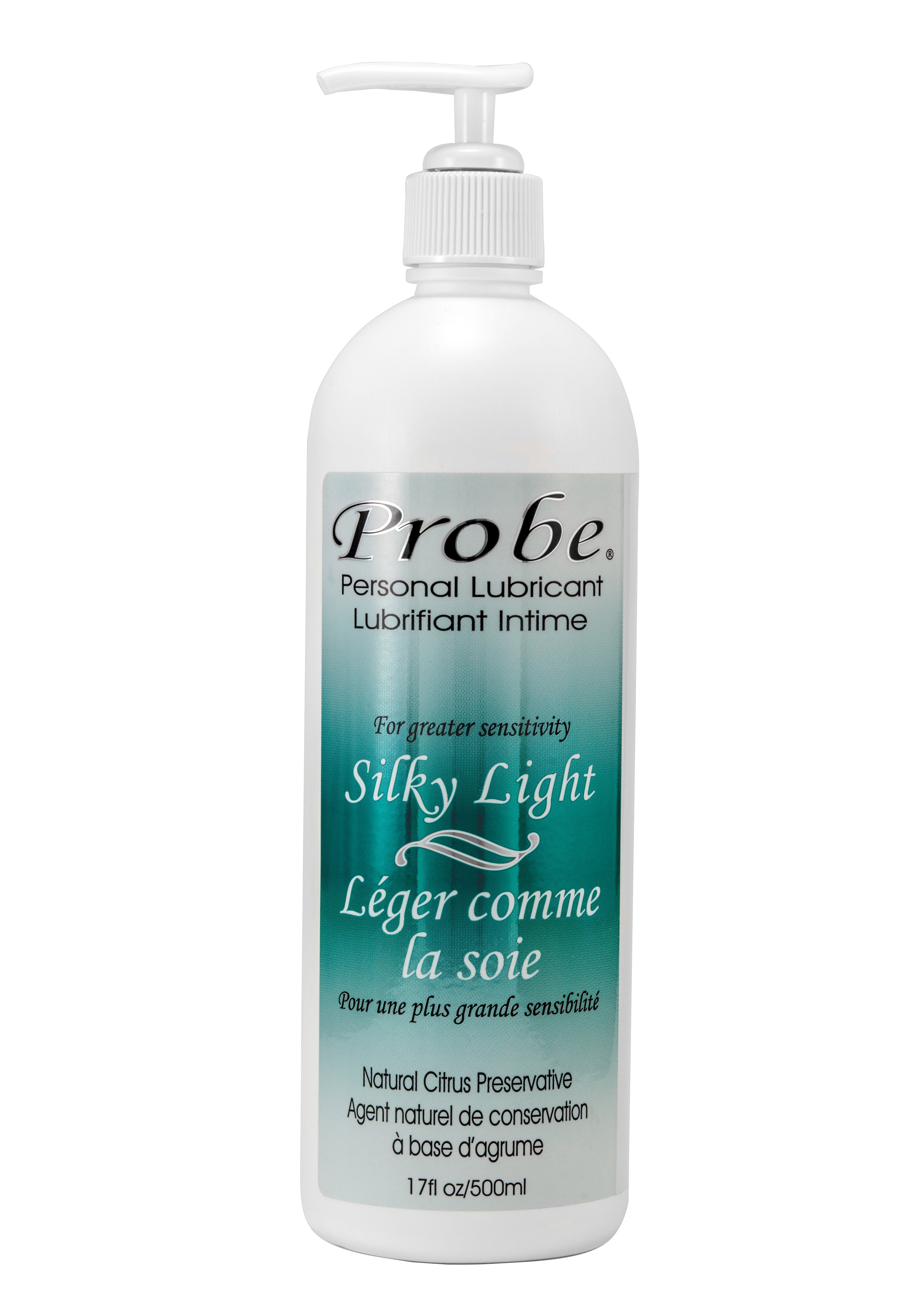 Probe Silky Light personal lubricant in a white pump bottle.