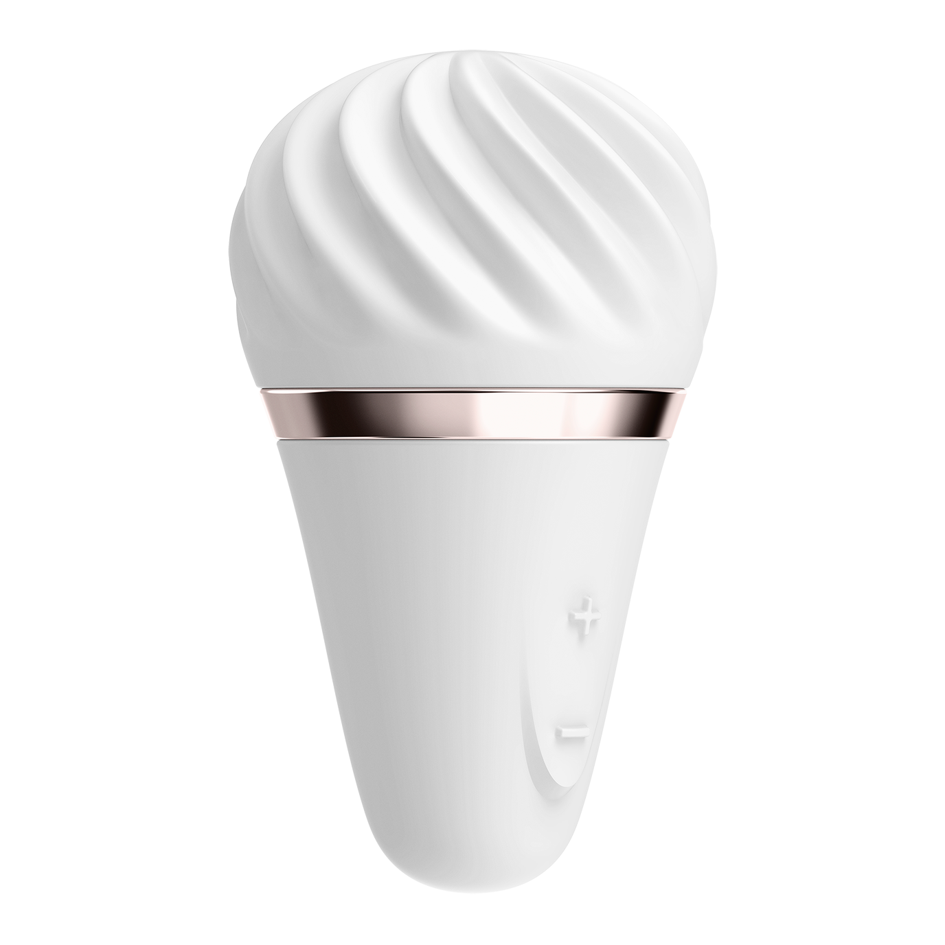 White clitoral vibrator with rose gold band and textured head.