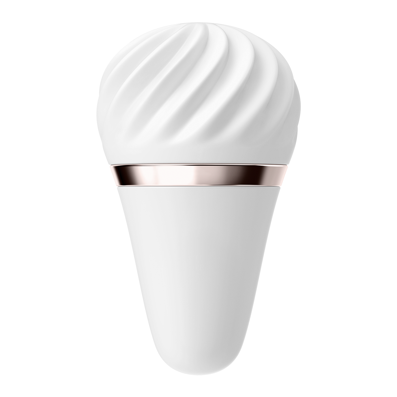 White clitoral vibrator with a swirled textured head and rose gold band.