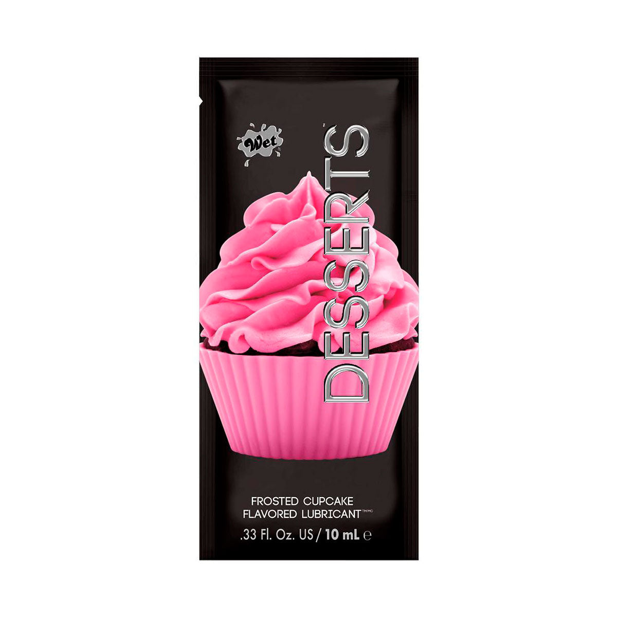 A single-serving packet of Wet Desserts Frosted Cupcake flavored lubricant.
