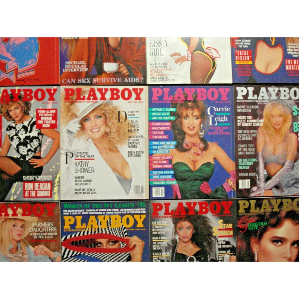 Assorted vintage Playboy magazines from the 80s, 90s, and 2000s.