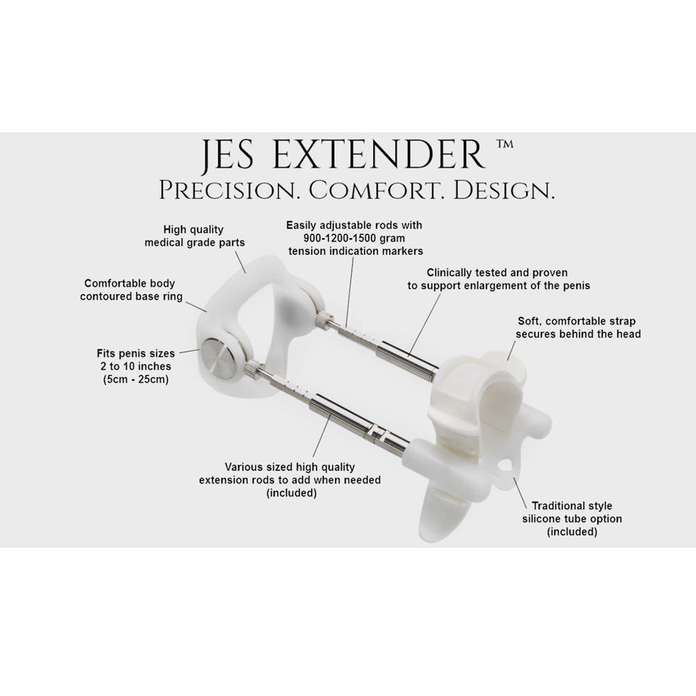 Penis extender with adjustable rods, comfort strap, and silicone tube option.