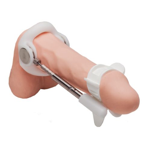 Penis extender with comfort strap and adjustable metal rod.