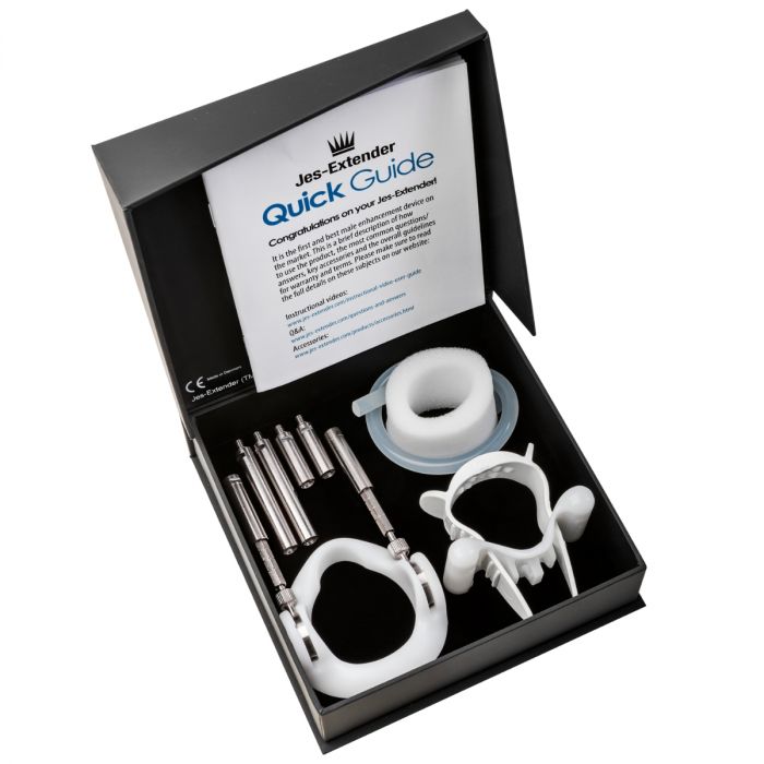 Jes-Extender Light Edition penis extender kit with manual and accessories.