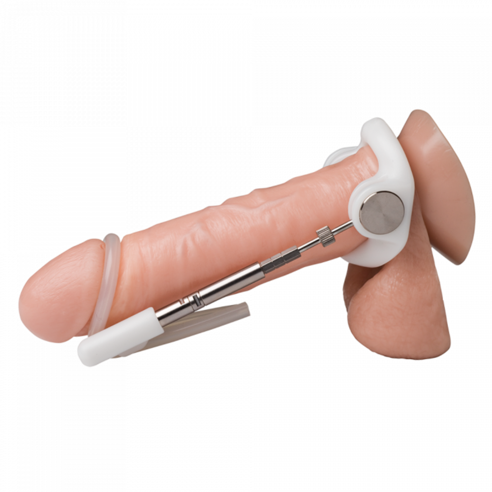 Penis extender device with white plastic ring, metal rod, and comfort strap on a model.