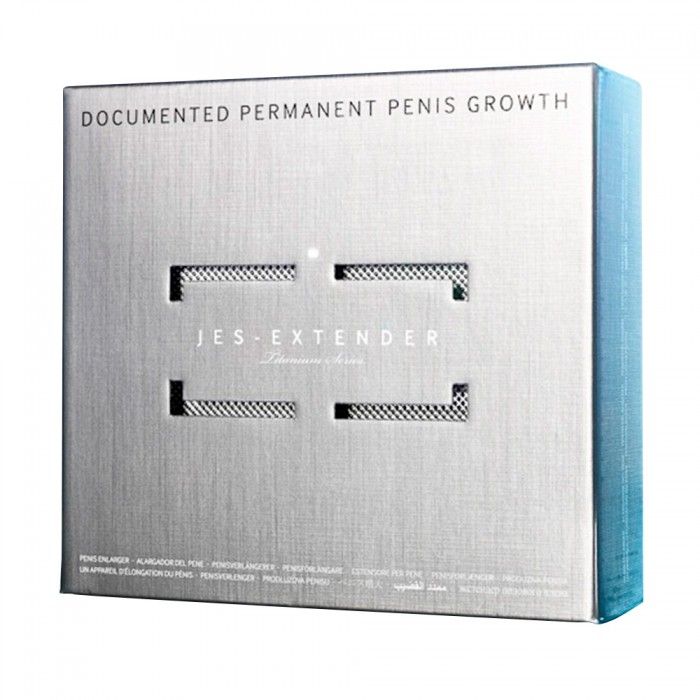 Jes-Extender Titanium penile extender in a silver aluminum case.