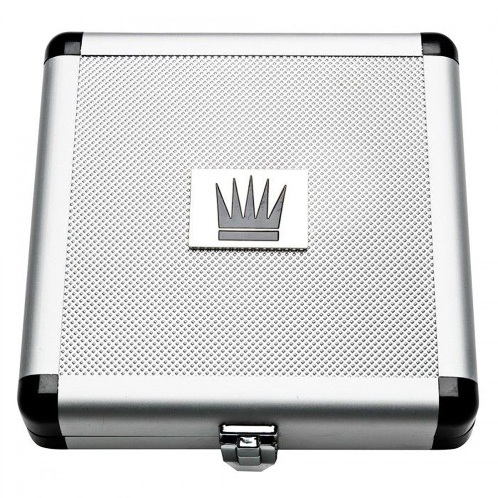 Silver aluminum case with a crown logo on top.