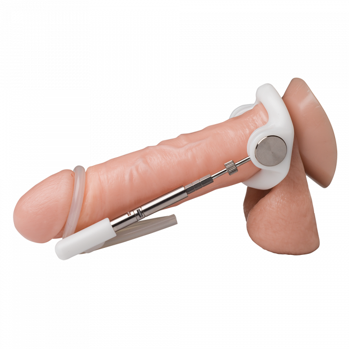 Titanium Jes-Extender penile device on a realistic model with white ring and adjustable metal rod.