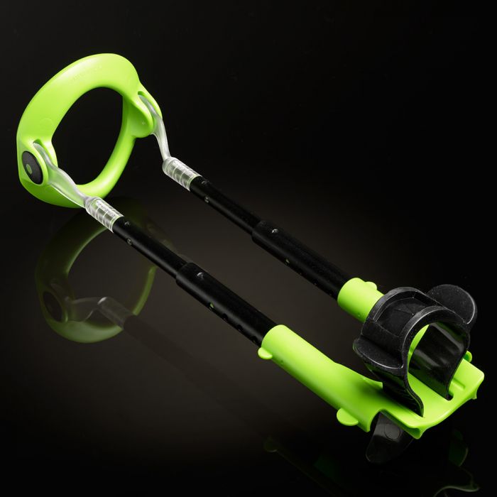 A green and black penis extender device with adjustable rods.