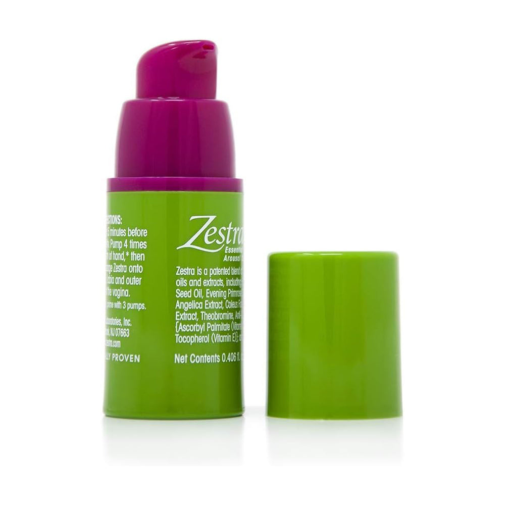Zestra Essential Arousal Oil for Women in a green bottle with a pink pump and a green cap.