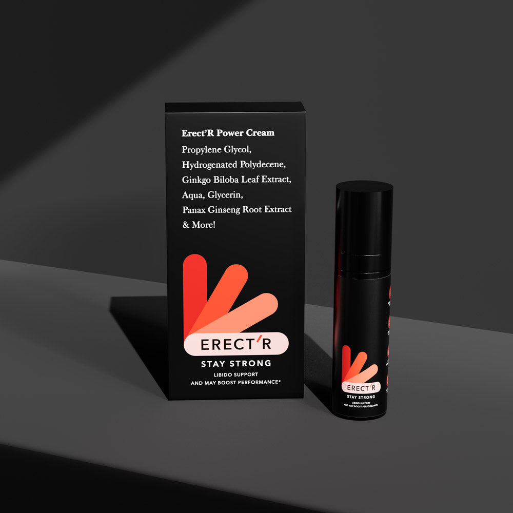 Erect'r Power Cream box and bottle with ingredients listed.