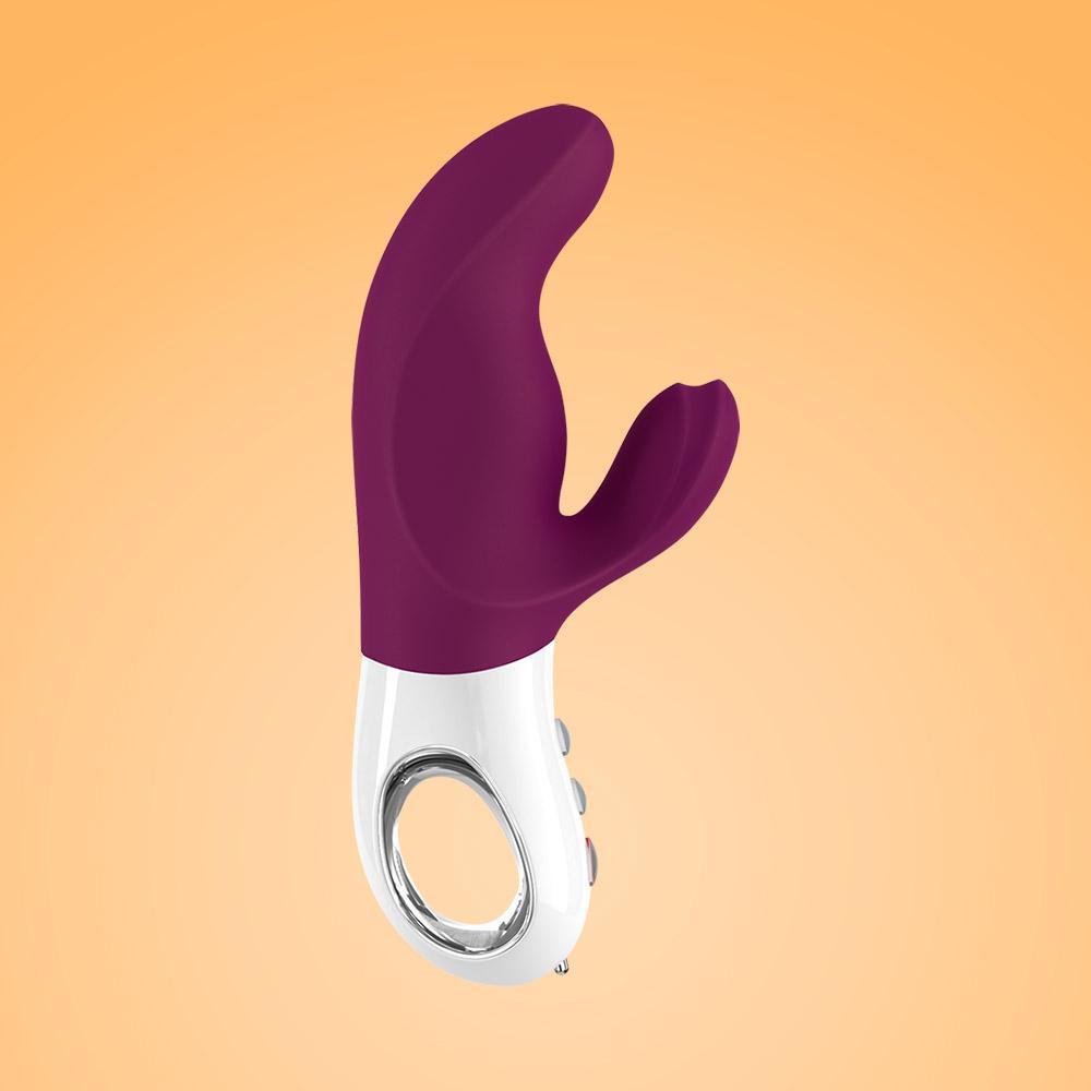 Purple and white dual motor rabbit vibrator with a ring at the base.