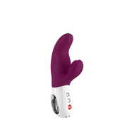 Purple and white dual motor rabbit vibrator with clitoral stimulator.