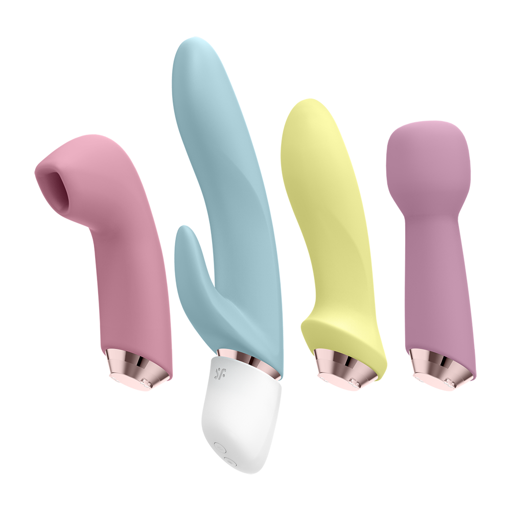Four vibrators in pink, blue, yellow, and purple with rose gold accents.