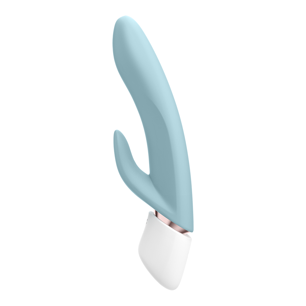 A light blue vibrator with a white base and rose gold accent.