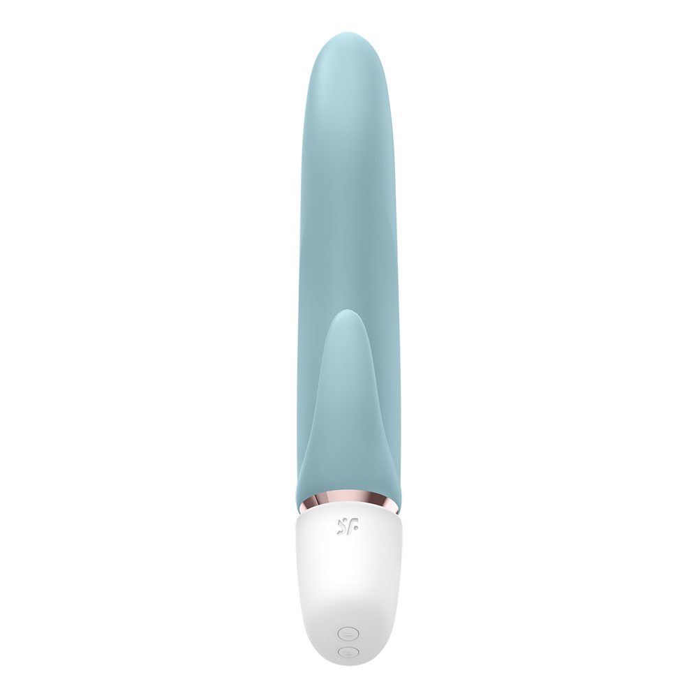 A blue and white vibrator with a rose gold ring.