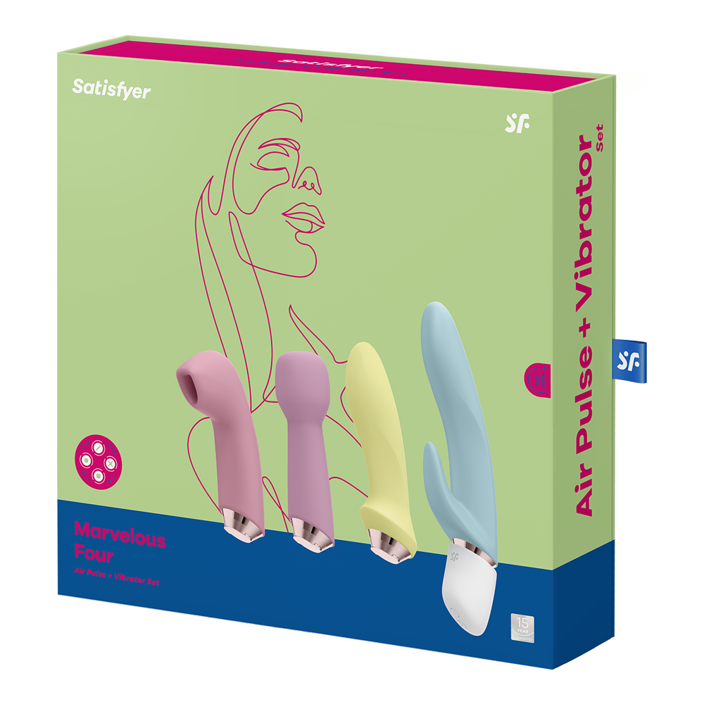 Satisfyer Marvelous Four set with four colorful vibrator attachments on a green box.