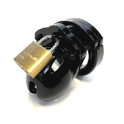 Black polycarbonate chastity cage with a brass padlock.