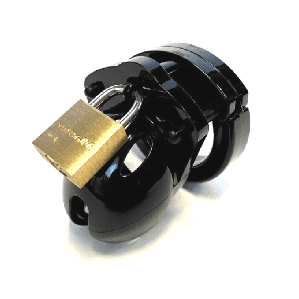 Black polycarbonate chastity cage with a brass padlock.