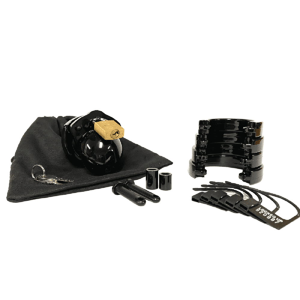 Black polycarbonate chastity cage kit with lock and keys.
